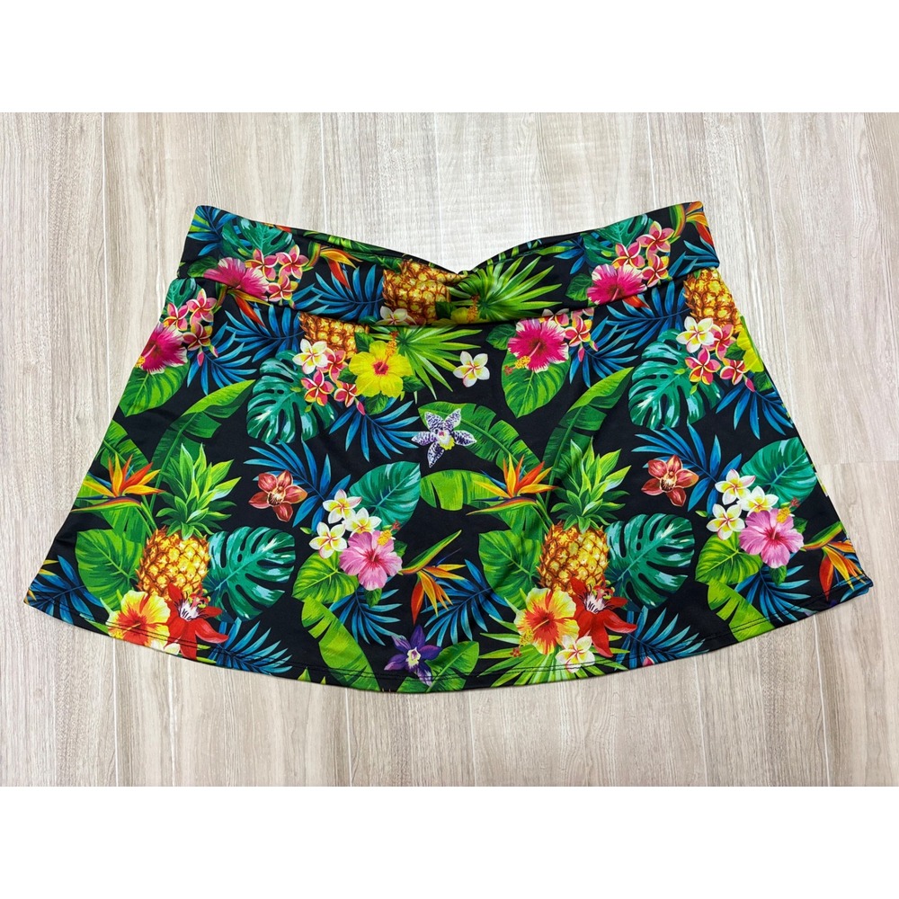 Alex Vando Womens Tropical Pineapple Floral Swim Skirt Black Multicolor Large